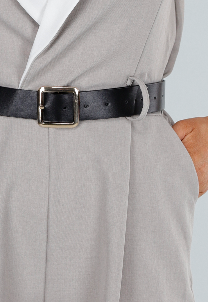 Taupe Mouwloze Playsuit met Contrasterende Revers en Riem