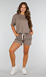 Taupe Stretchset met Oversized Shirt en Elastische Short