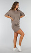 Taupe Stretchset met Oversized Shirt en Elastische Short