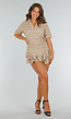 Beige Stretchset met Kraagshirt en Rucheskort