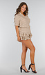 Beige Stretchset met Kraagshirt en Rucheskort