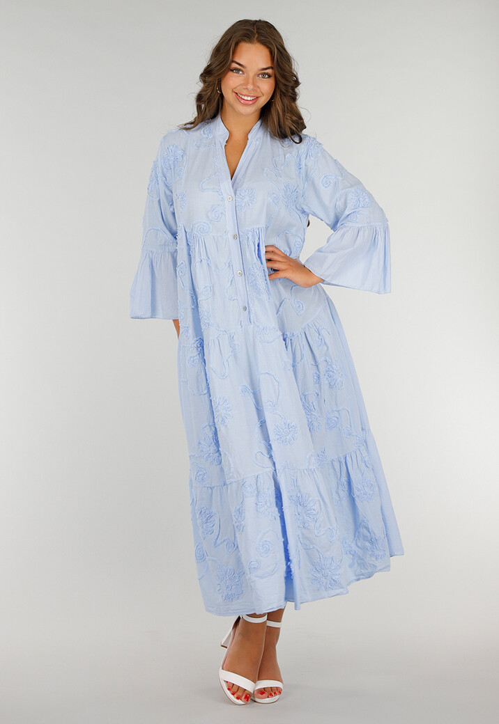 Lichtblauwe Katoenen Maxi-Jurk met Borduursels en Knopen