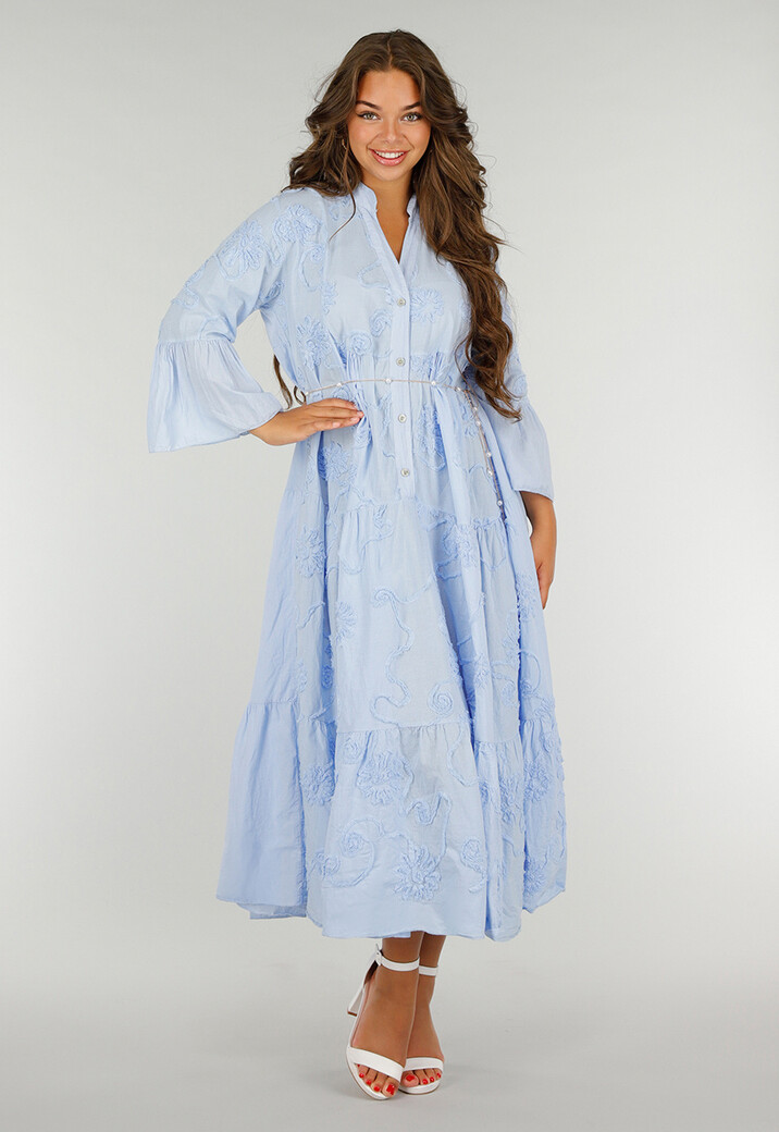 Lichtblauwe Katoenen Maxi-Jurk met Borduursels en Knopen