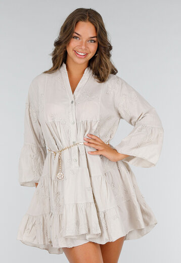 Katoenen Jurk Beige met Borduursels