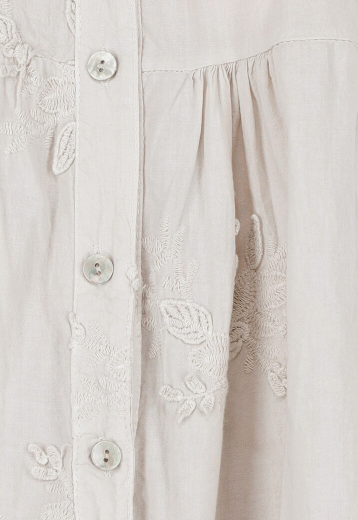 Beige Katoenen Jurk met Borduursels, Knopen en Volant