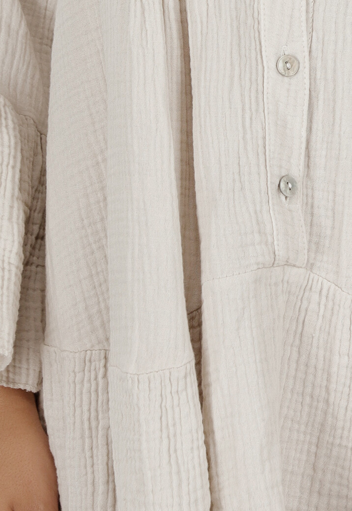 Beige Linnenlook Katoenen Jurk met A-lijn, Ruches en Knoopsluiting