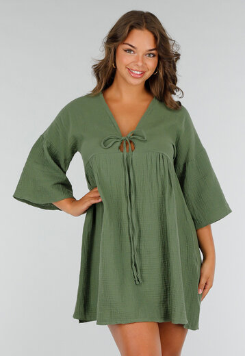 Khaki Mousseline Jurk met Strik