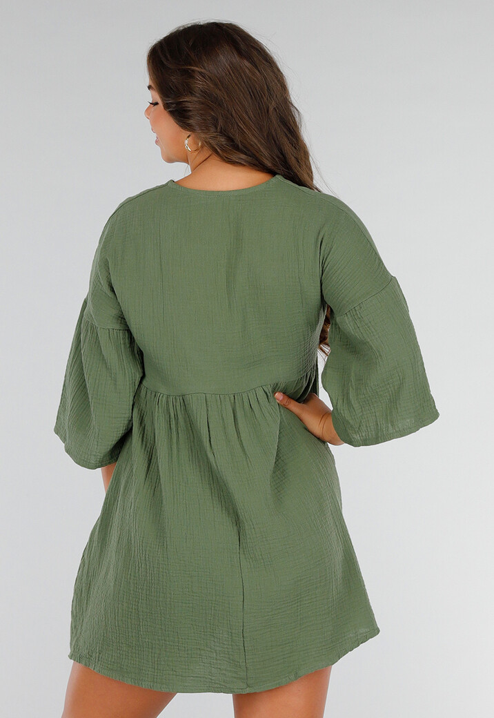 Luchtige Khaki Jurk met V-Hals, Strikdetail en Linnenlook