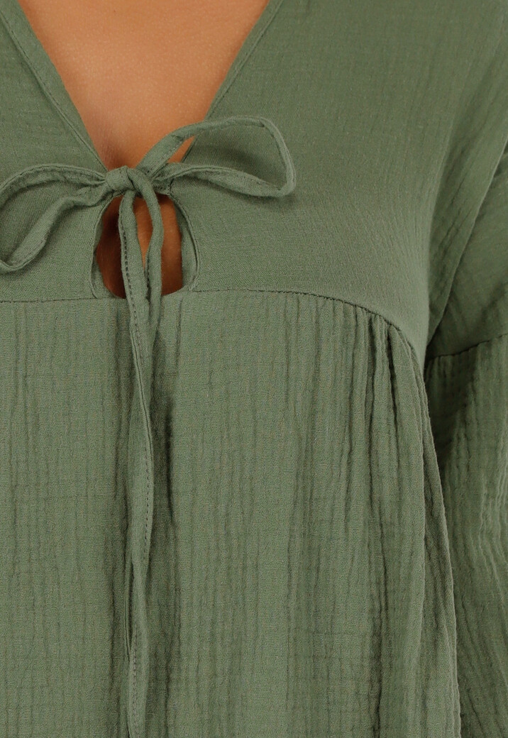 Luchtige Khaki Jurk met V-Hals, Strikdetail en Linnenlook