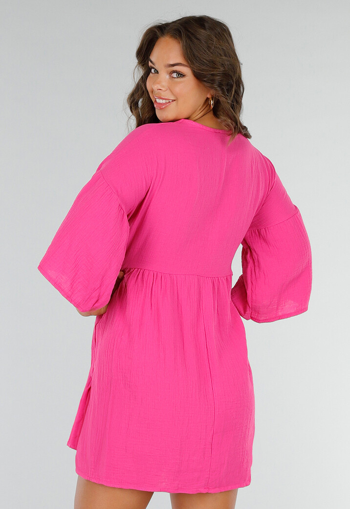 Roze Linnenlook Mousseline Jurk met Strik en Diepe V-Hals