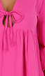 Roze Linnenlook Mousseline Jurk met Strik en Diepe V-Hals