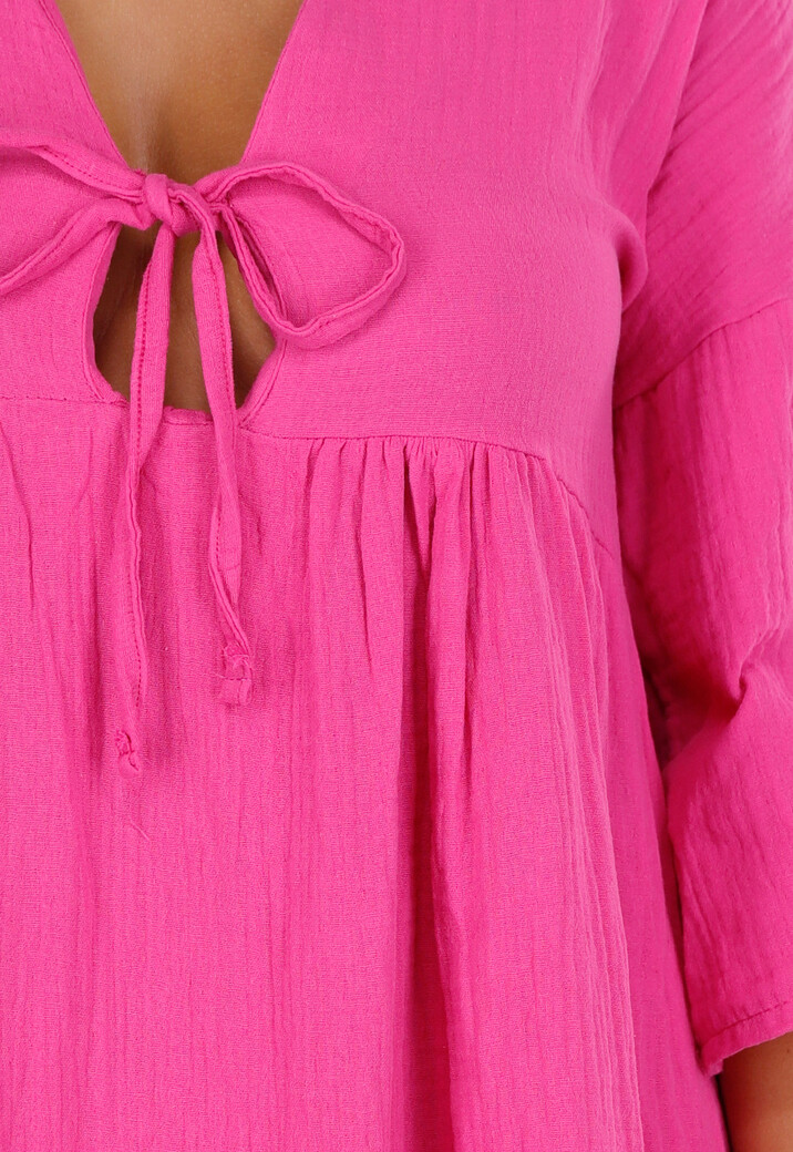 Roze Linnenlook Mousseline Jurk met Strik en Diepe V-Hals