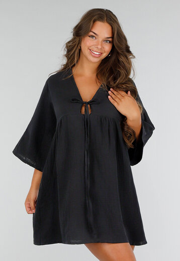 Zwarte jurk met V-hals en strik