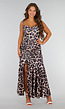 Panterprint Stretch Maxi Jurk met Strikkoorden, Ruches en Split