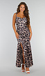 Panterprint Stretch Maxi Jurk met Strikkoorden, Ruches en Split