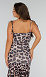Panterprint Stretch Maxi Jurk met Strikkoorden, Ruches en Split