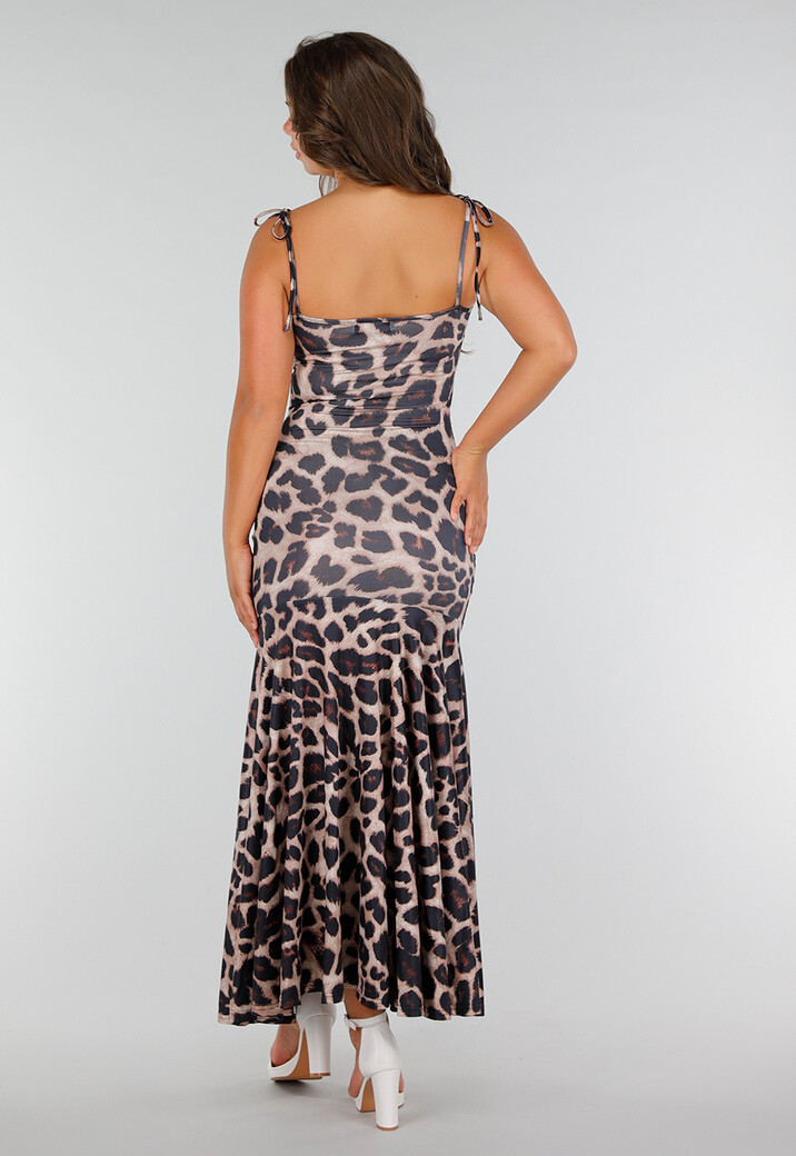 Panterprint Stretch Maxi Jurk met Strikkoorden, Ruches en Split