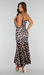 Panterprint Stretch Maxi Jurk met Strikkoorden, Ruches en Split