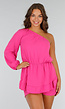Fuchsia Katoenen Playsuit met Ruches en One-Shoulder