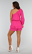 Fuchsia Katoenen Playsuit met Ruches en One-Shoulder