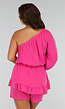 Fuchsia Katoenen Playsuit met Ruches en One-Shoulder