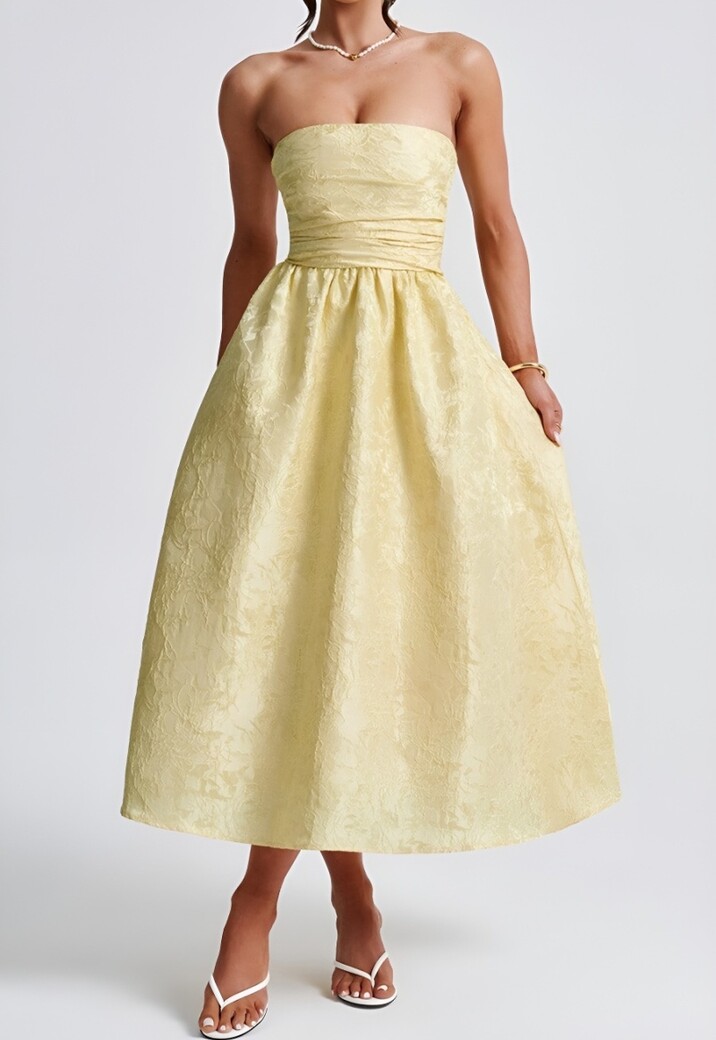 Strapless Midi Jurk in Butter Yellow met Jacquardlook