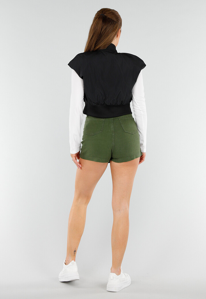 Zwarte Cropped Bodywarmer met Ritssluiting en Hoge Kraag