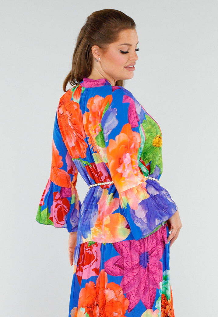 Multicolor Maxi Jurk met Knoopsluiting en Grote Bloemenprint