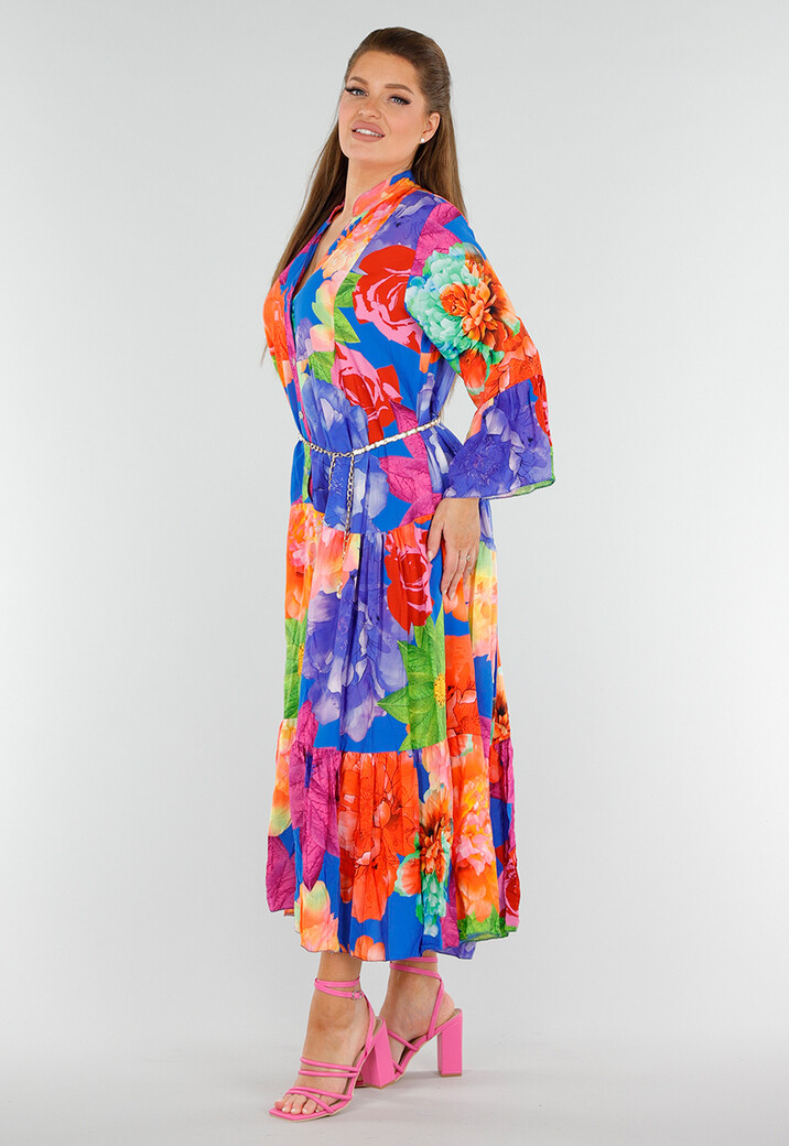 Multicolor Maxi Jurk met Knoopsluiting en Grote Bloemenprint