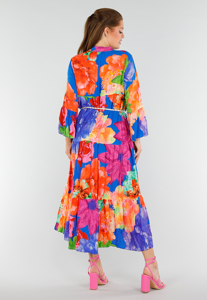Multicolor Maxi Jurk met Knoopsluiting en Grote Bloemenprint