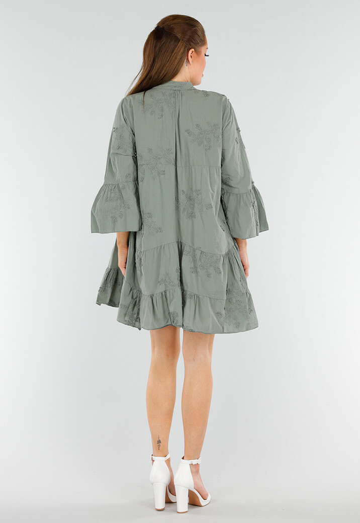 Khaki Katoenen Jurk met Borduursels, Knopen en Halflange Mouwen