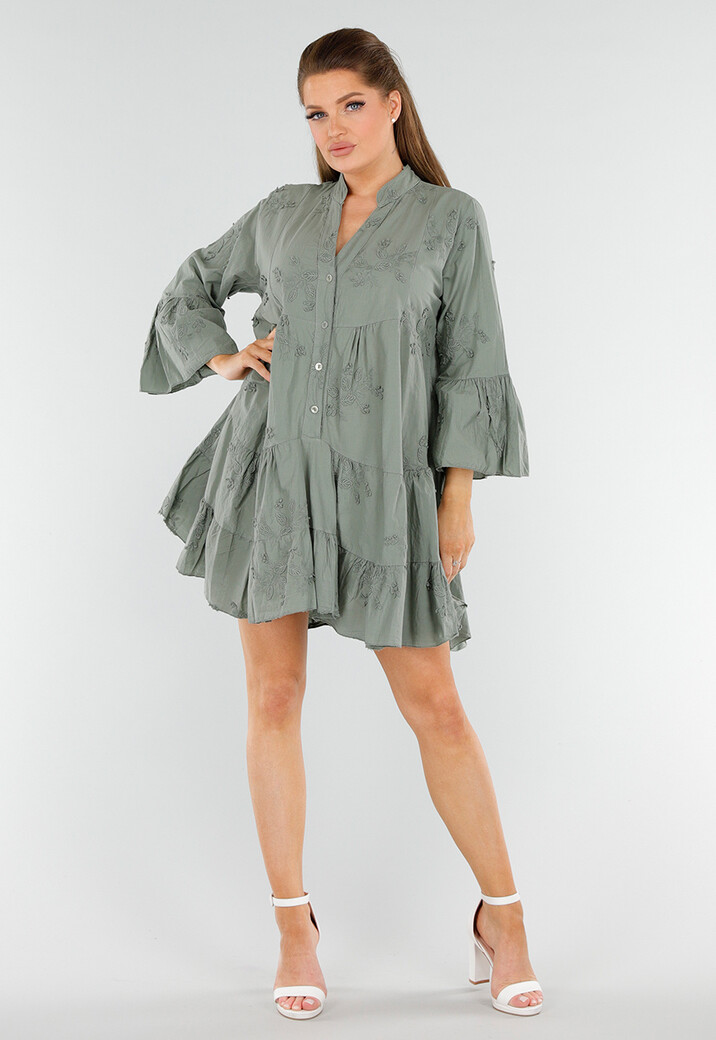 Khaki Katoenen Jurk met Borduursels, Knopen en Halflange Mouwen