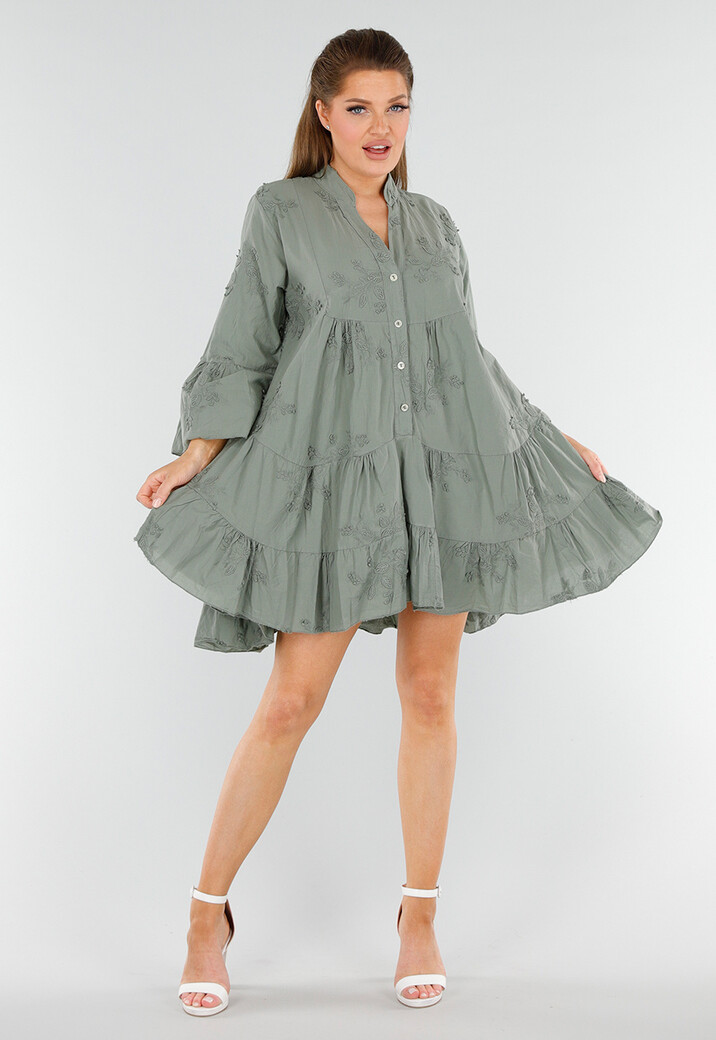 Khaki Katoenen Jurk met Borduursels, Knopen en Halflange Mouwen