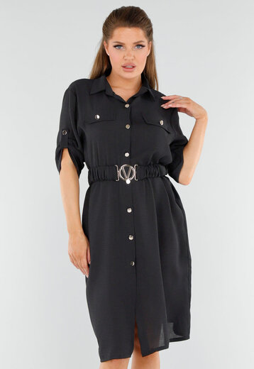 Zwarte Midi Knoopjurk met Ceintuur