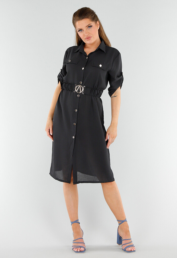 Zwarte Knoopjurk met Ceintuur en Opgerolde Mouwen