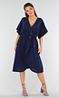 Donkerblauwe Linnenlook Jurk met Ceintuur en Overslag V-Hals