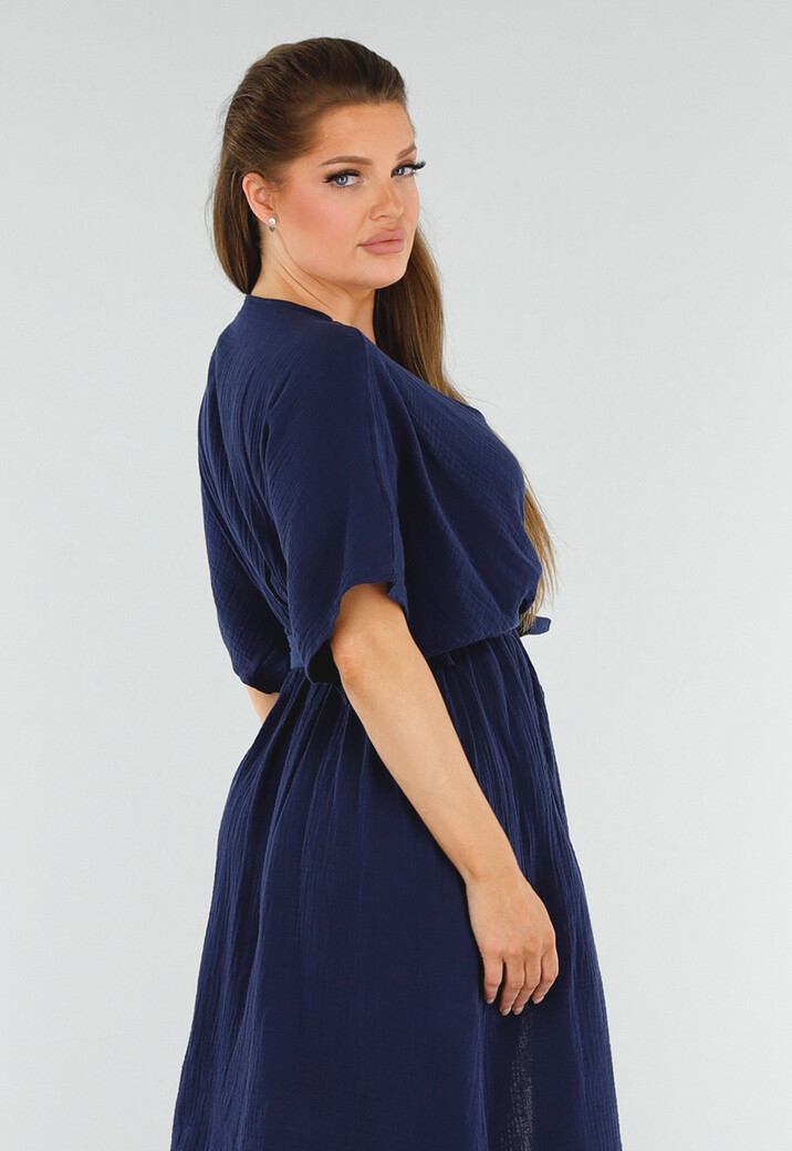 Donkerblauwe Linnenlook Jurk met Ceintuur en Overslag V-Hals