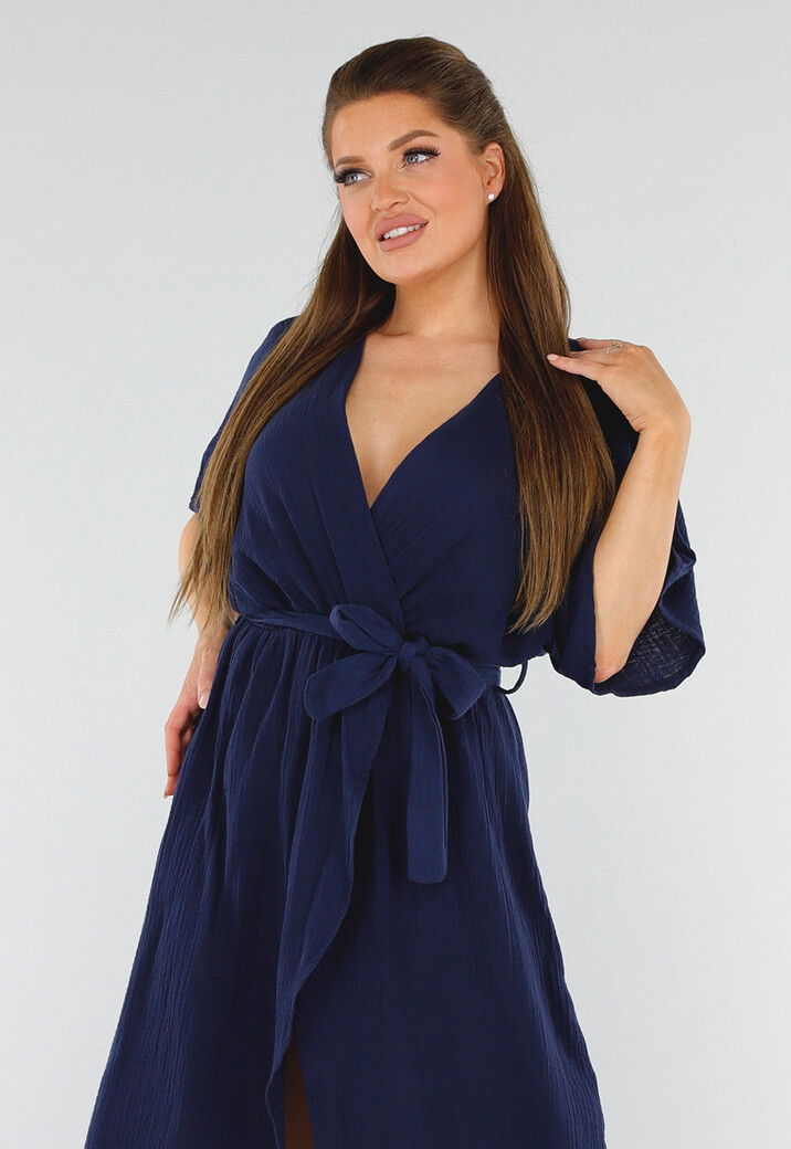 Donkerblauwe Linnenlook Jurk met Ceintuur en Overslag V-Hals