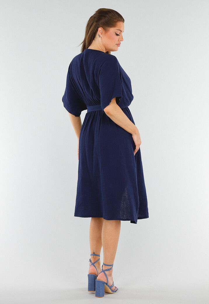 Donkerblauwe Linnenlook Jurk met Ceintuur en Overslag V-Hals