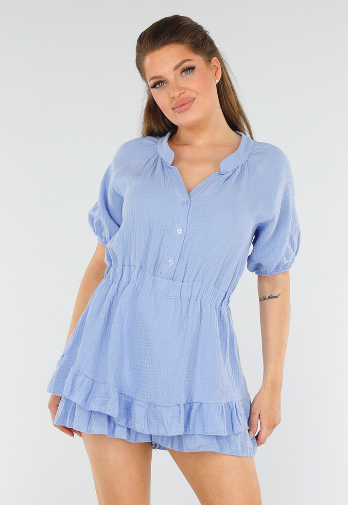 Lichtblauwe Katoenen Playsuit met Taille en Volantzoom