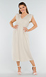 Beige Linnenlook Midi Jurk met Ruches en V-Hals