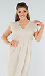 Beige Linnenlook Midi Jurk met Ruches en V-Hals