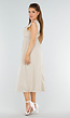 Beige Linnenlook Midi Jurk met Ruches en V-Hals