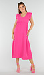 Fuchsia Linnenlook Midi Jurk met Ruches en V-Hals