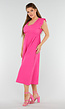 Fuchsia Linnenlook Midi Jurk met Ruches en V-Hals