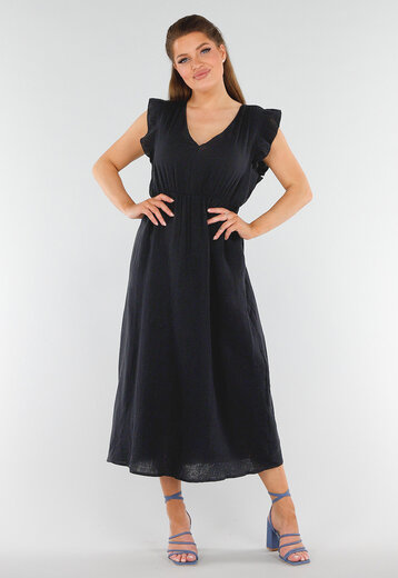 Zwarte Katoenen Midi Jurk met Ruches