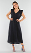 Zwarte Linnenlook Midi Jurk met V-Hals en Ruchemouwtjes