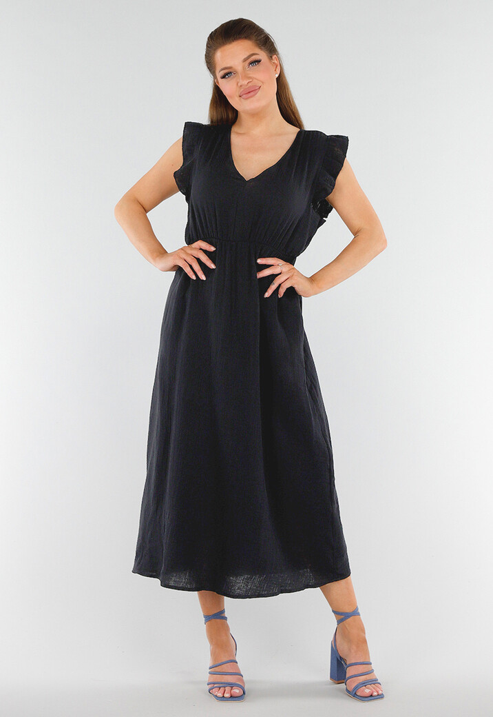 Zwarte Linnenlook Midi Jurk met V-Hals en Ruchemouwtjes