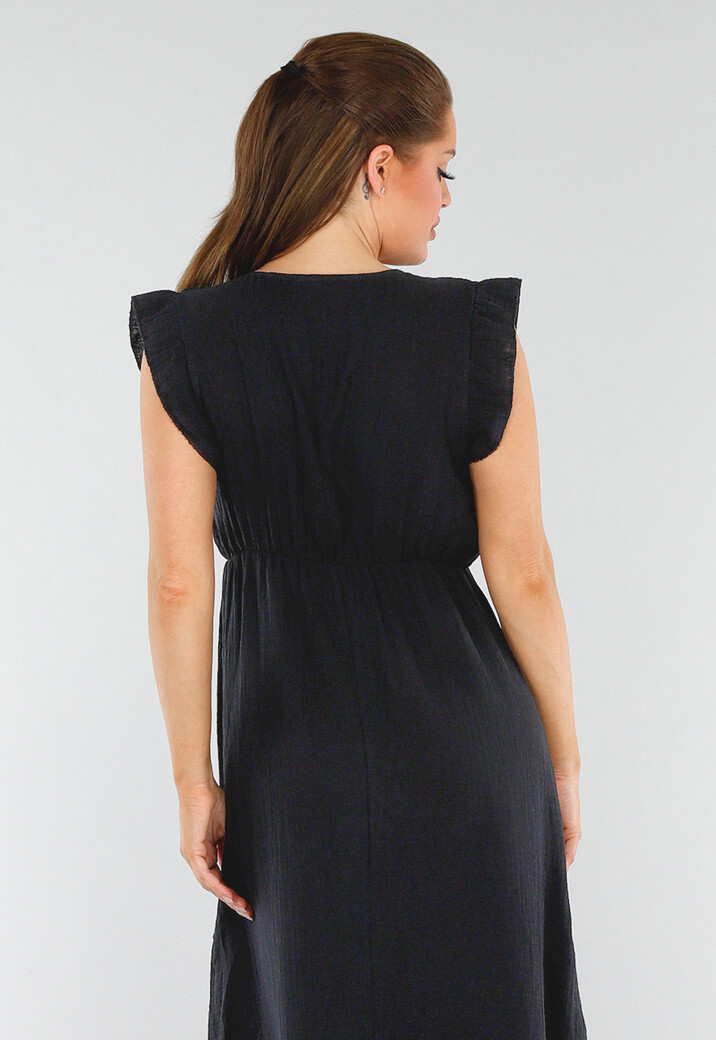 Zwarte Linnenlook Midi Jurk met V-Hals en Ruchemouwtjes