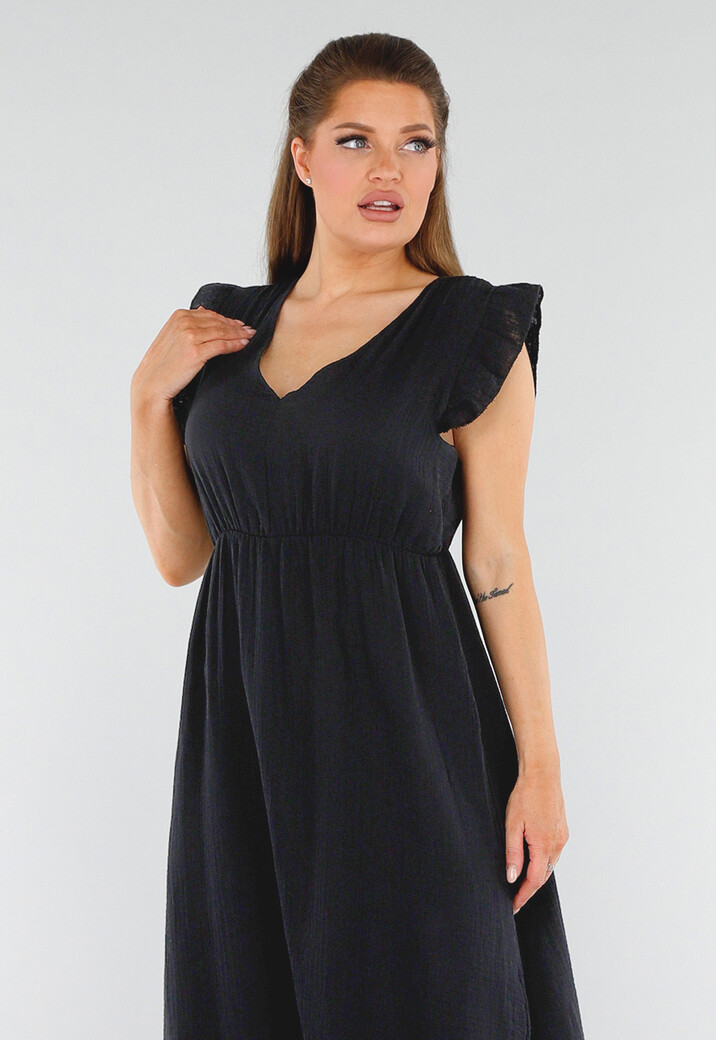 Zwarte Linnenlook Midi Jurk met V-Hals en Ruchemouwtjes